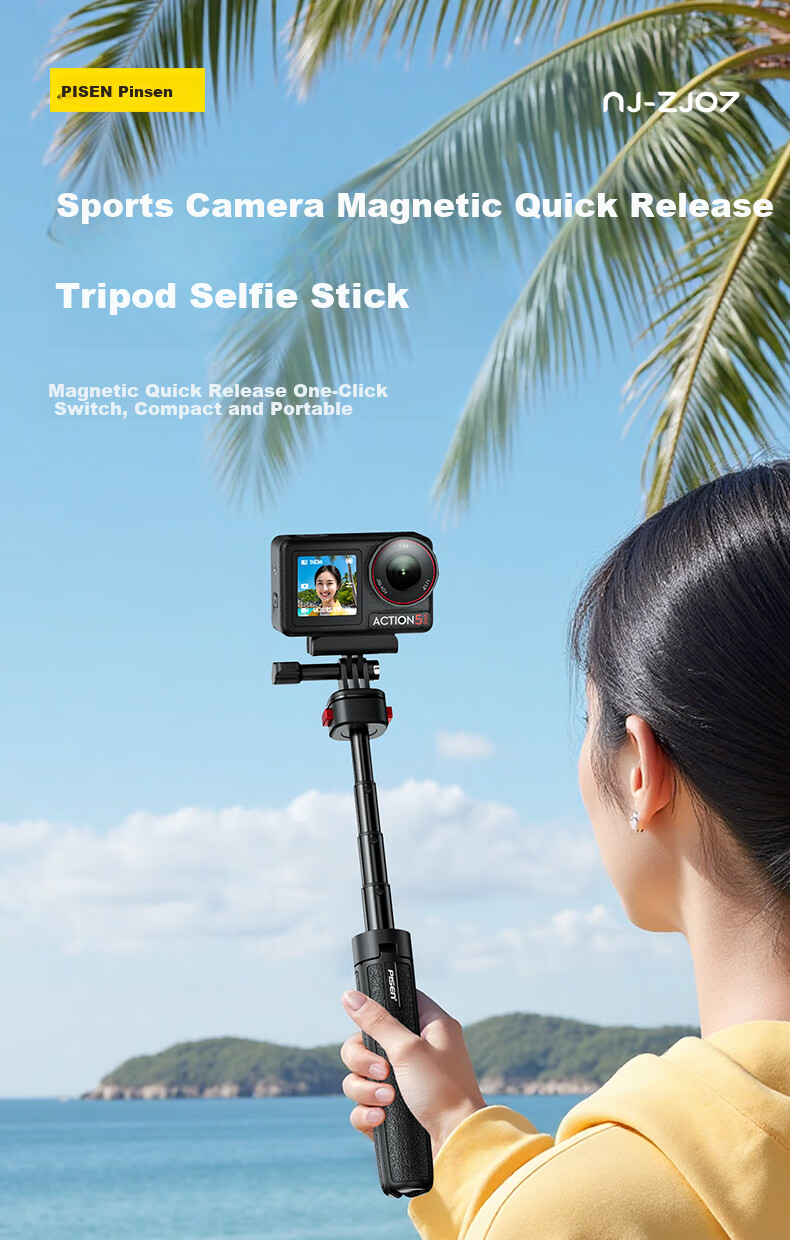 Pisen Magnetic Mini Quick-Release Tripod Extension Selfie Stick for DJI Action 6 5 Pro 4 / GoPro / Insta Sports Camera Portable Photo Handle Live Streaming Stand 5