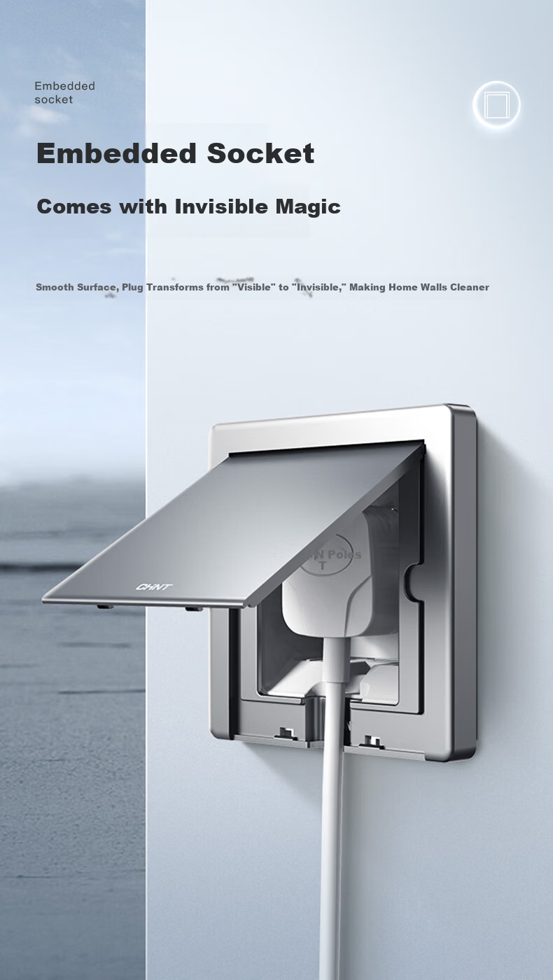CHNT Embedded Socket, 86-Type, Adjustable Depth, Hidden Socket, Refrigerator Built-In Hidden Socket, 10A Five-Hole, Gray 1