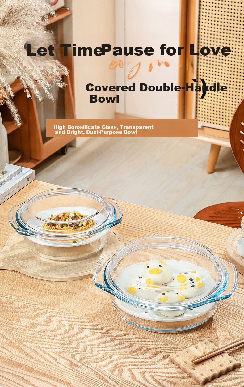 Genas Microwave Oven Special Steaming Bowl Steamer Basket Tray Double-Handle Transparent Heat-Resistant Glass Bowl 1.5L with Lid Soup Noodle Bowl 1
