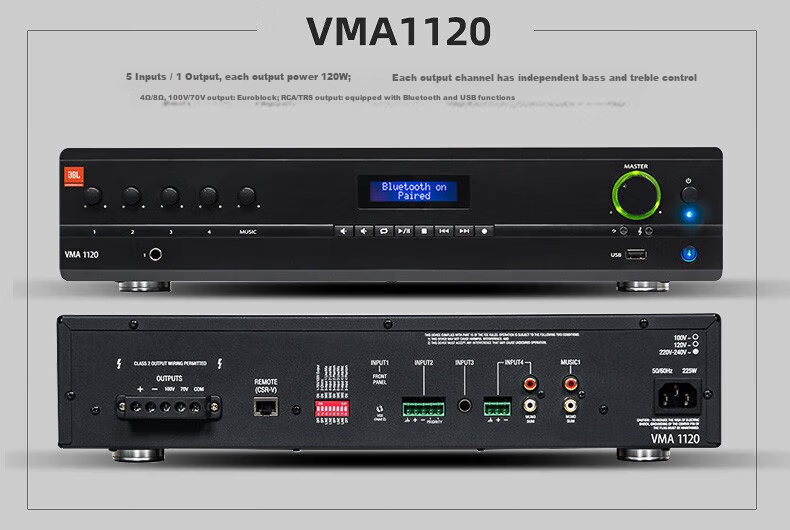 JBL VMA160 Amplifier Background Music Commercial Public Address Conference Room Store Restaurant Constant Voltage and Constant Impedance Amplifier Bluetooth USB Microphone Interface 10