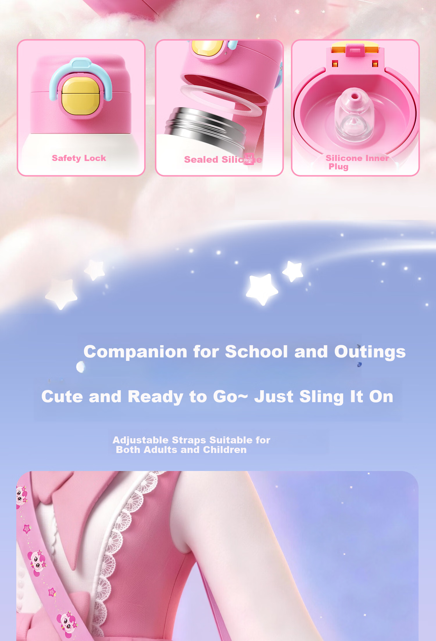 HAERS Cute Kids Insulated Straw Water Bottle Portable School Cup for Girls Pink 600ml 10
