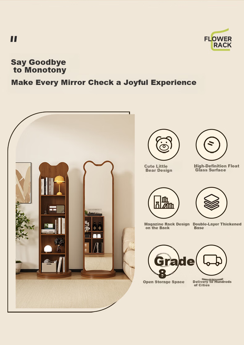 XIAOJIANGCAI Full-Length Floor Mirror with Bookshelf, Rotatable and Mobile Dressing Mirror with Storage, Black, 165*36cm 3