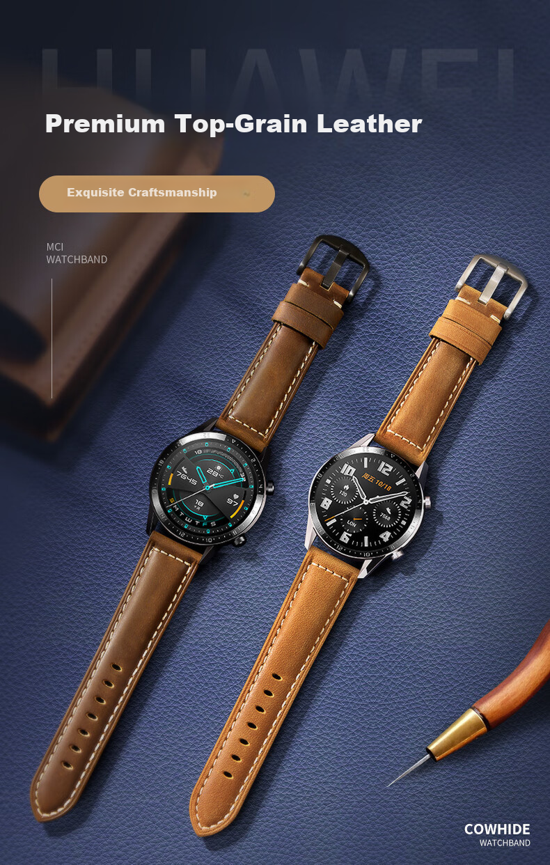 Mashi Compatible Huawei Watch Strap Spring Summer Watch5/4/3/GT6/5/GT4/3/2/Pro/Honor Magic2 Matte Cowhide Leather Band Black Black Buckle 22mm 3