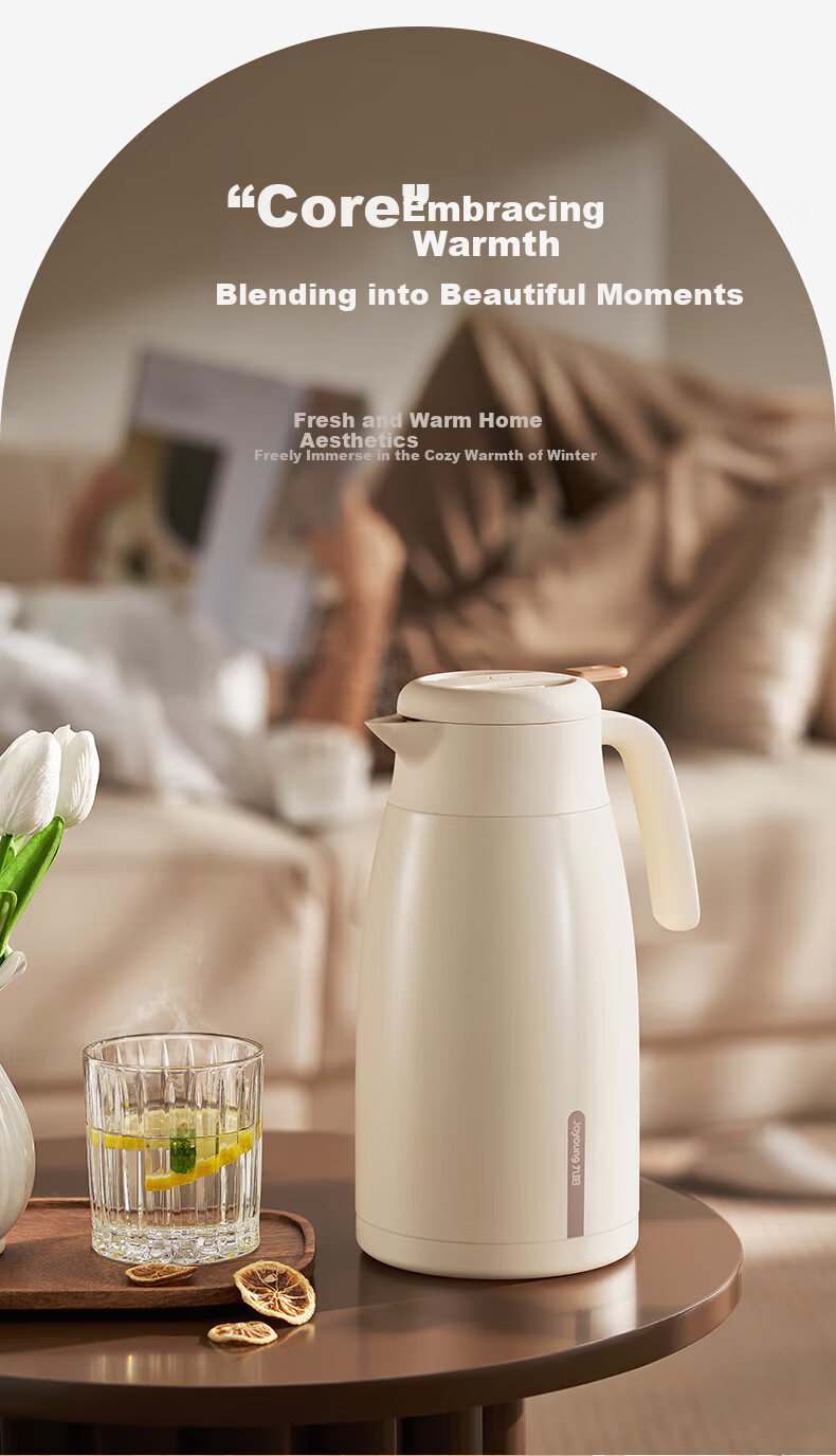 Joyoung Insulated Thermos Outdoor Large Capacity Water Bottle 304 Stainless Steel Vacuum Thermal Flask Hot Water Kettle Cream White 2L 2