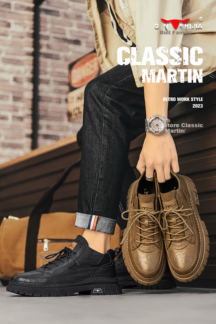 Bull Family Martin Boots Men New British Style Mid-High Casual Shoes Outdoor Fleece-Lined Warm Work Boots for Men 1