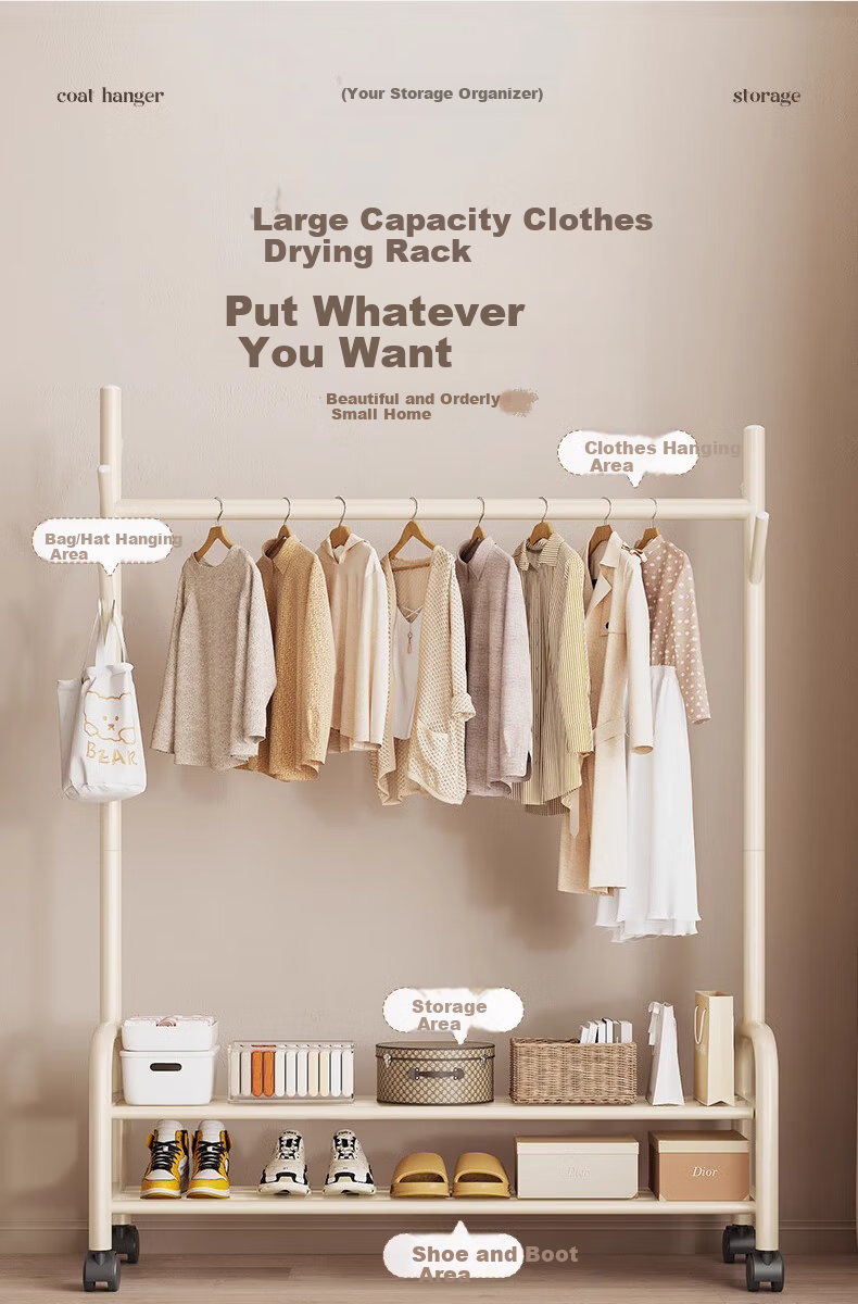 Quanpinwu Floor-Standing Clothes Rack, Bedroom Home Indoor Movable Drying Rack, Storage Hanger, Coat And Hat Stand, Single 150cm 4
