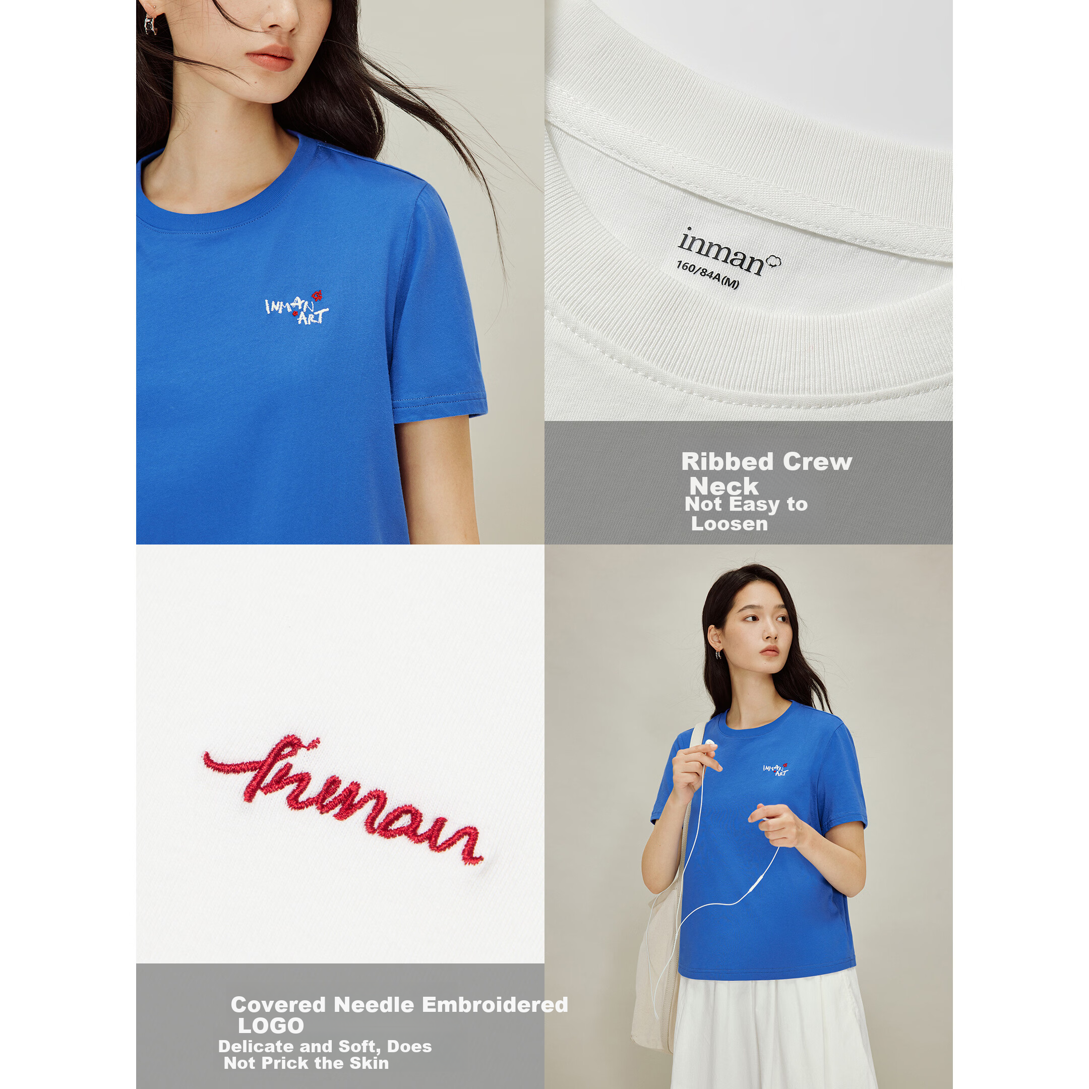 INMAN Classic Cotton Embroidered Crew Neck Short Sleeve T-Shirt Spring 2026 Women's Casual Basic Pearl White M