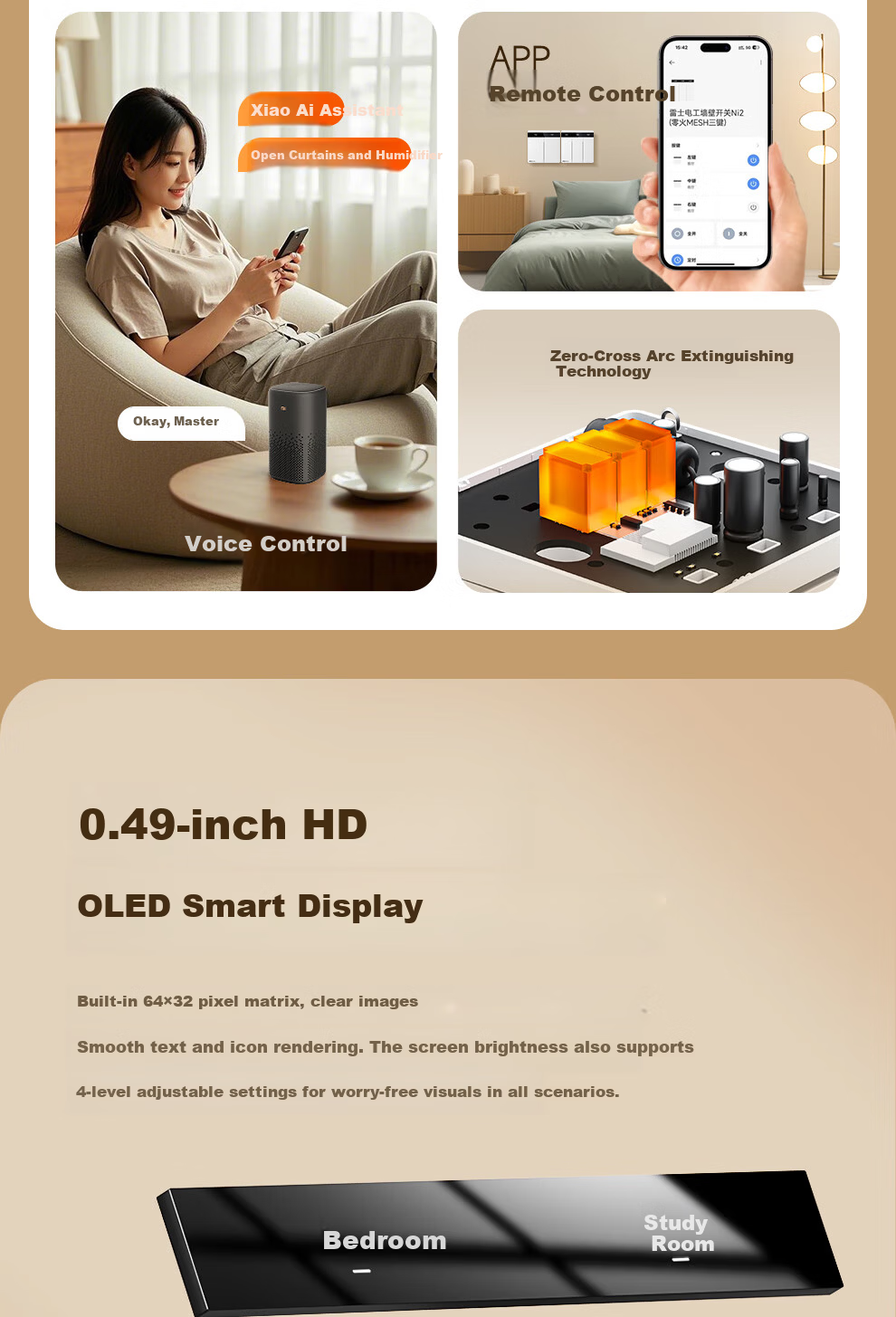 NVC Lighting Electrical Switch Socket Screen Display Smart Switch Compatible with Mijia Customizable Button Names Zero Fire Double Key White 2