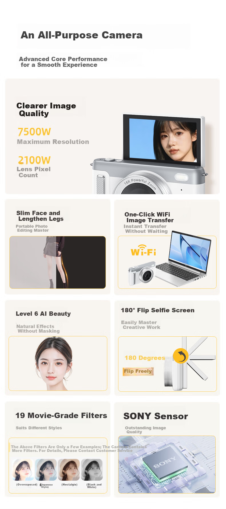 Newsmy N9 Mirrorless Camera with Flip Screen, Selfie, WiFi Image Transfer, High Resolution, Campus Photography, Travel, Beauty Filters, Gift for Women, Digital Camera for Students, 128GB, White + Wide 3