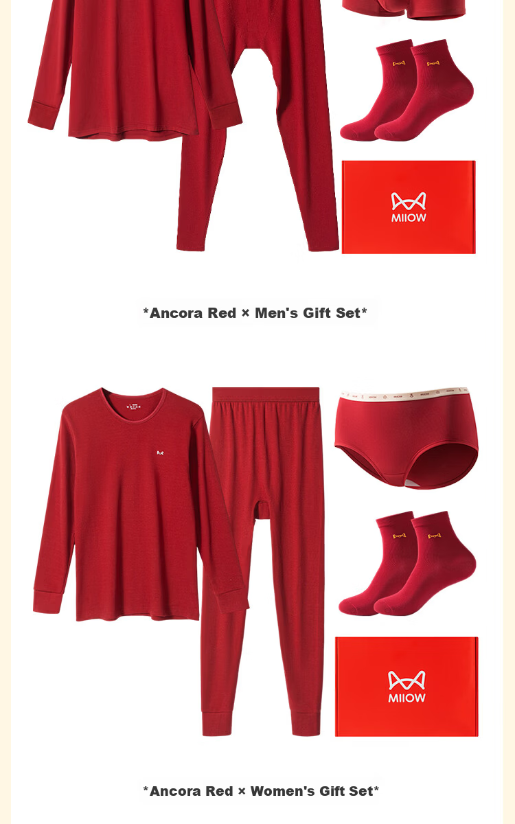 MiiOW 10A Antibacterial Mite-Resistant Red Thermal Underwear Set for Women, Autumn Cotton Long Johns and Socks 20
