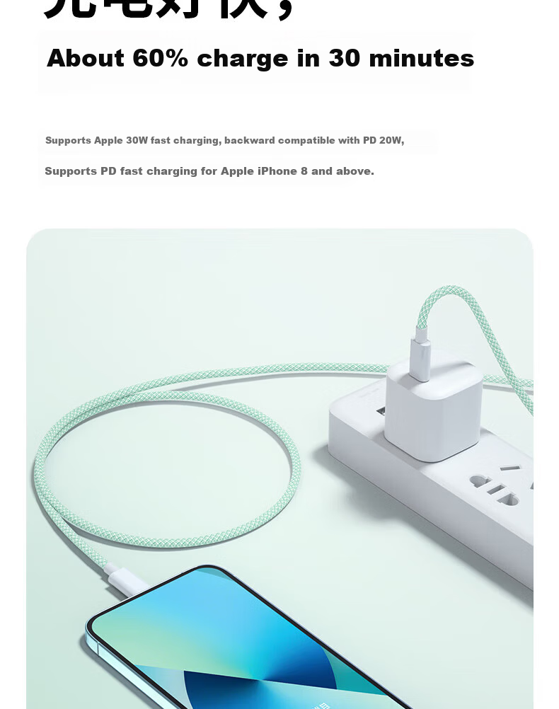 Apple PD30W Fast Charging Cable for iPhone 14/13/12/8, Type-C to Lightning Braided Cable, 1m White, Compatible with iPad and Car Use 4