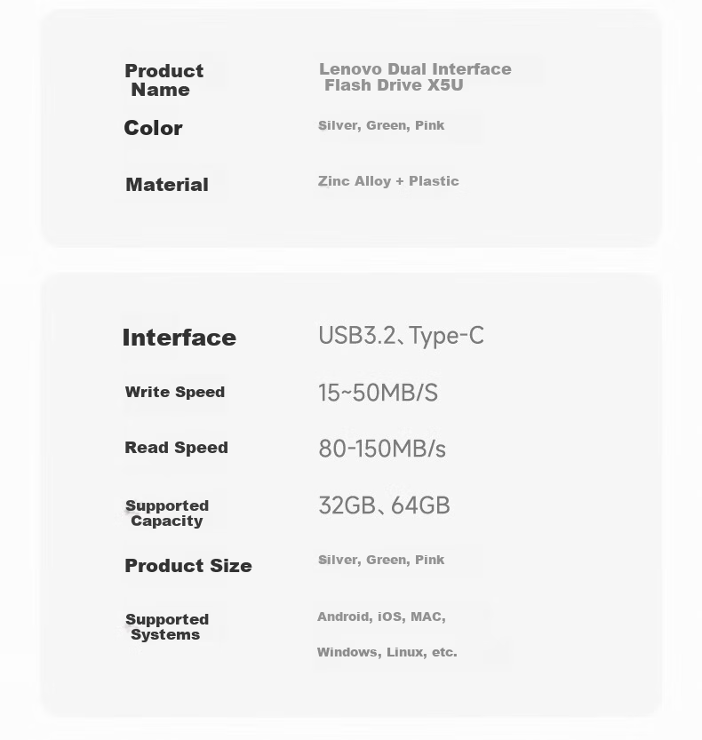 Lenovo 32GB Type-C Dual Interface USB 3.2 High-Speed Metal USB Flash Drive for Phone and PC, Large Capacity, Dual-Head, Car, Study, Office, Business USB Drive X5U - Silver 18