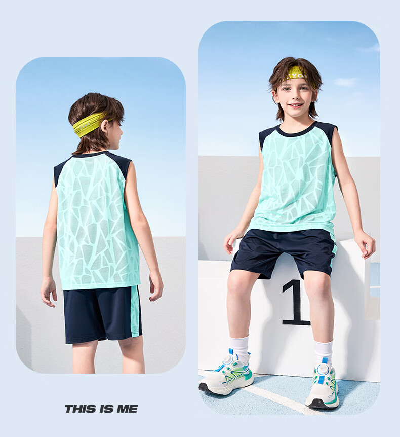 Mark Fairwhale Kids Boys Summer Outfit 2026 New Children's Sports Quick-Dry Two-Piece Basketball Set Blue 140 17