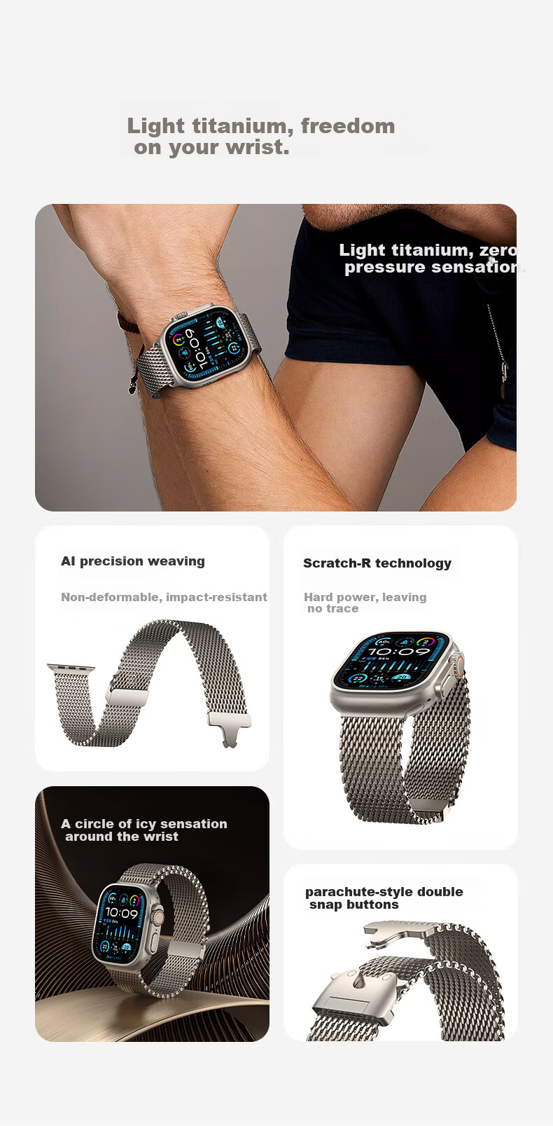 W&P 26 New Style Compatible with Apple Watch Band, for Apple Watch Ultra 4/3/2 Titanium Milanese Parachute-Style Strap, Suitable for IWatch S12/11/10/9/SE 5