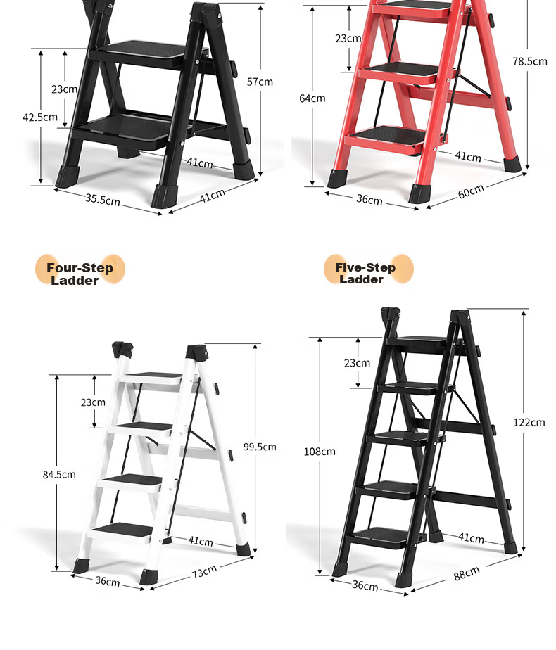 AOZHI Folding Ladder Household Multi-Functional Step Ladder Portable Storage Rack Carbon Steel Flower Stand Classic Black Four-Step 18