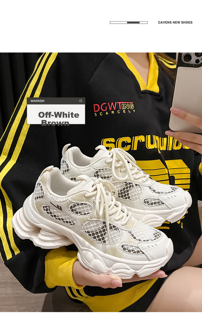 Warrior Official Women's Shoes 2026 Spring Thick Sole Dad Sneakers Women's Height Increasing Sports Casual Shoes Silver White Black Size 35 12