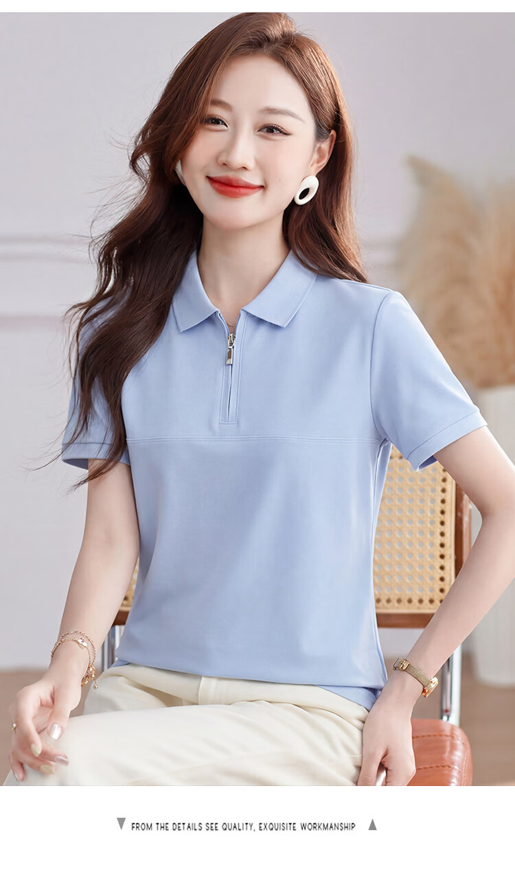 TUCANO Women's Short Sleeve Solid Color Antibacterial Half-Zip Polo Shirt Fashionable Versatile Top White XL 11