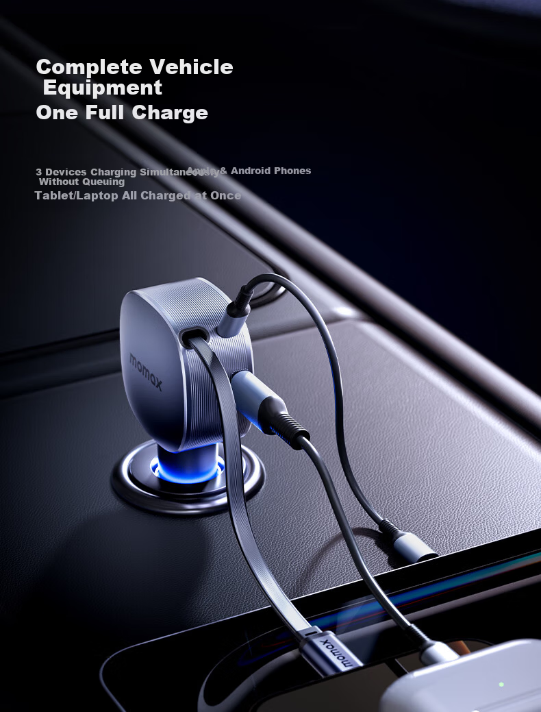 MOMAX Car Charger Super Fast Charging with Retractable Cable PD60W Cigarette Lighter Adapter Compatible with Huawei, Apple 15/16, Xiaomi, Android 5
