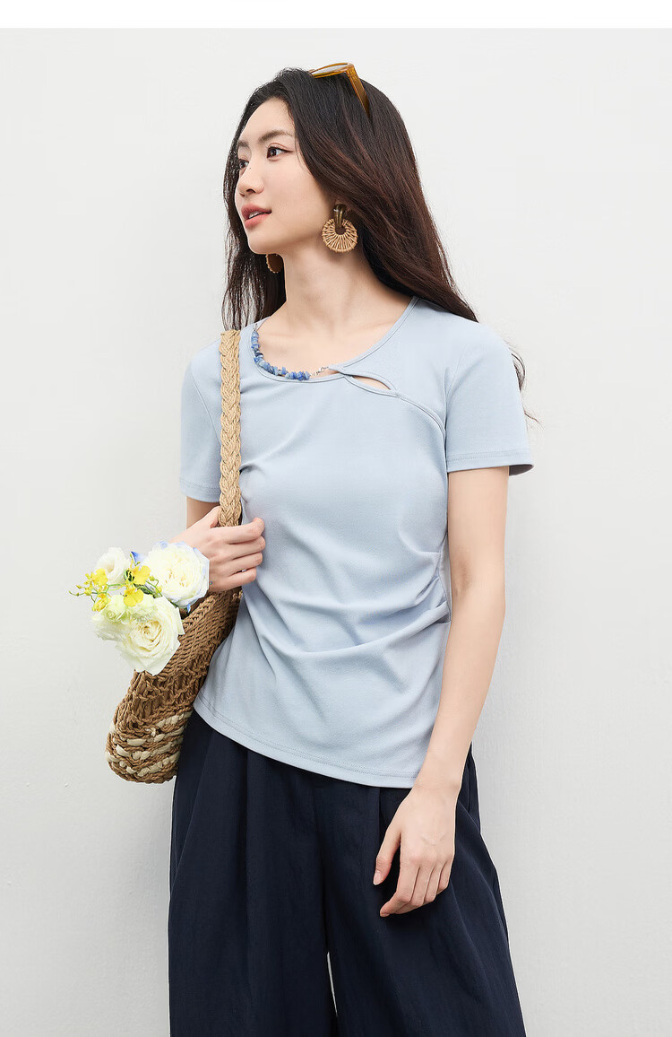 Shangdu Bila Cotton Blend Pleated Slim Fit T-Shirt Women Spring Summer Designer Round Neck Hollow Out Asymmetric Overlap Irregular Split Top 15