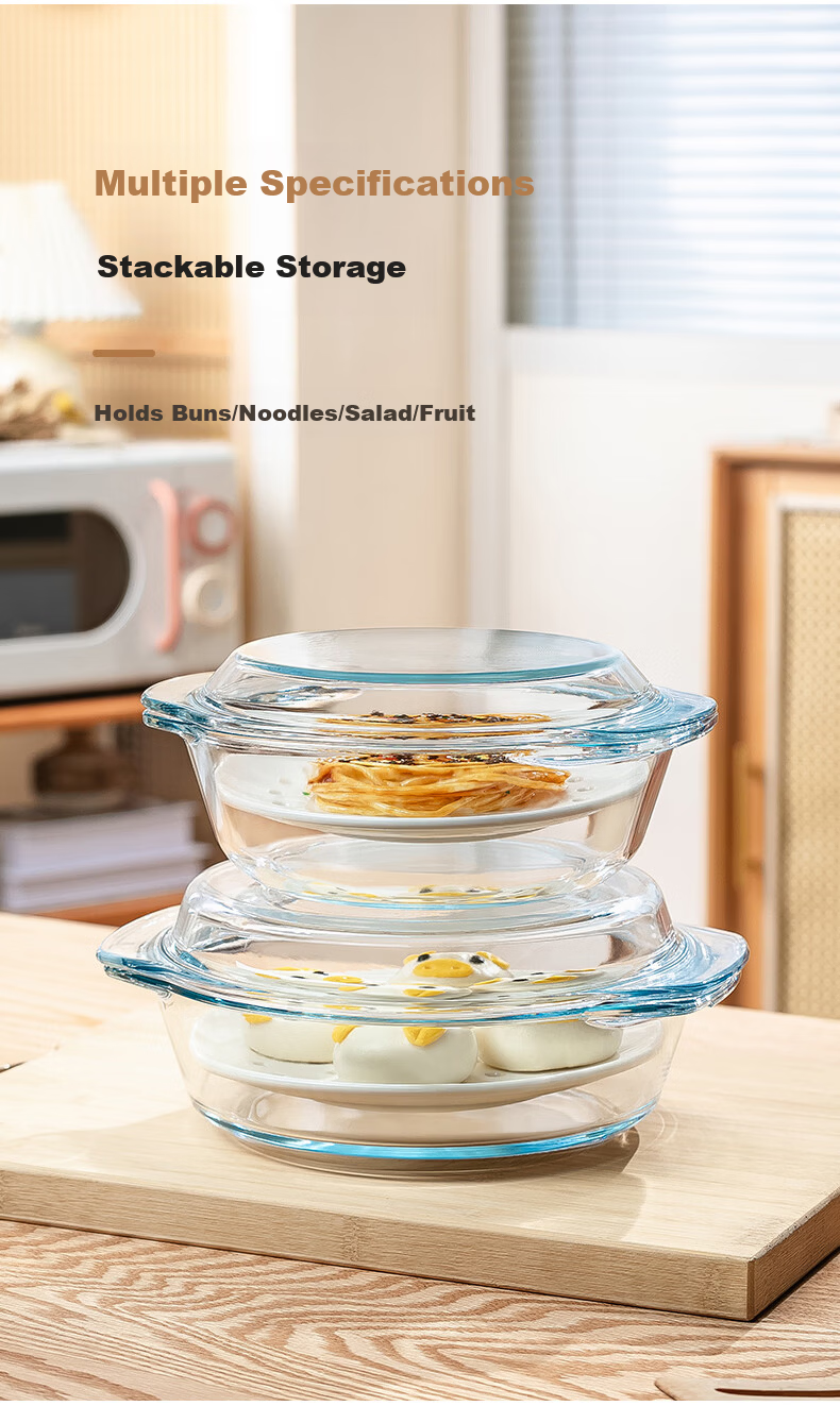 Genas Microwave Oven Special Steaming Bowl Steamer Basket Tray Double-Handle Transparent Heat-Resistant Glass Bowl 1.5L with Lid Soup Noodle Bowl 7