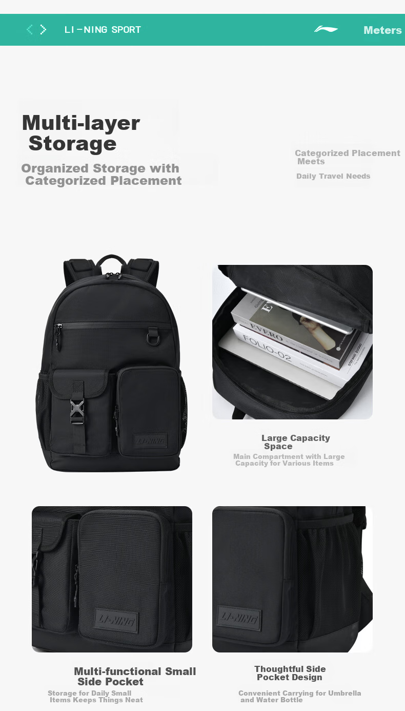 LI-NING Badminton Bag Unisex Multifunctional Large Capacity Backpack Sports Outdoor Travel School Bag Black 5