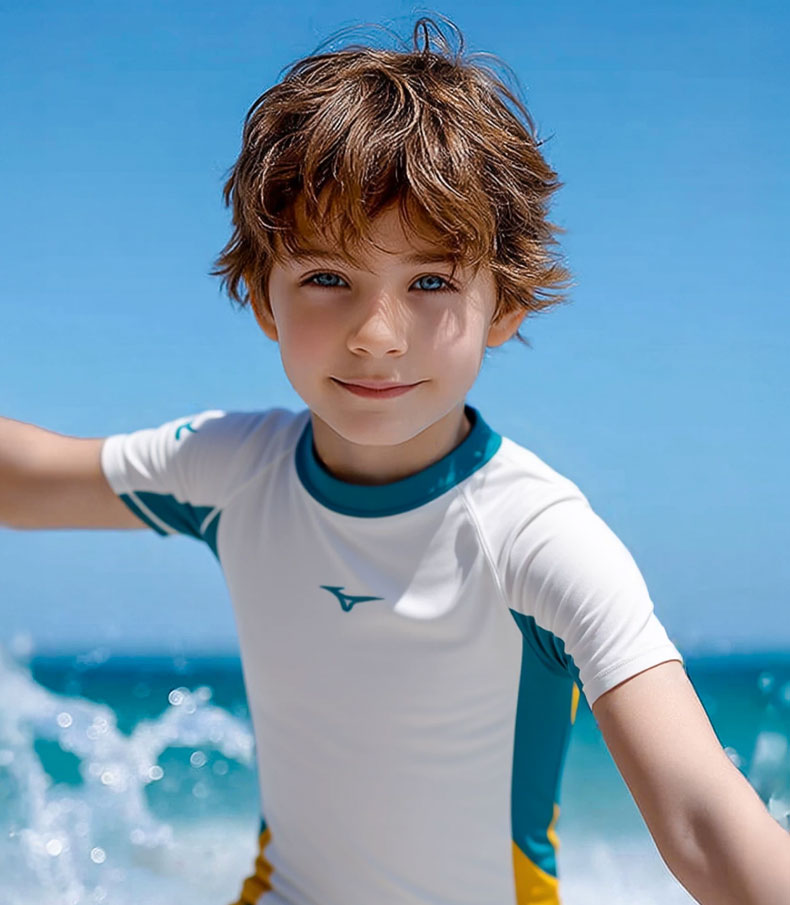 MIZUNO Kids Boys Two-Piece Swimwear Short Sleeve Quick-Dry Sun Protection Surfing Hot Spring Swimsuit GB431 Off-White Blue 120 10