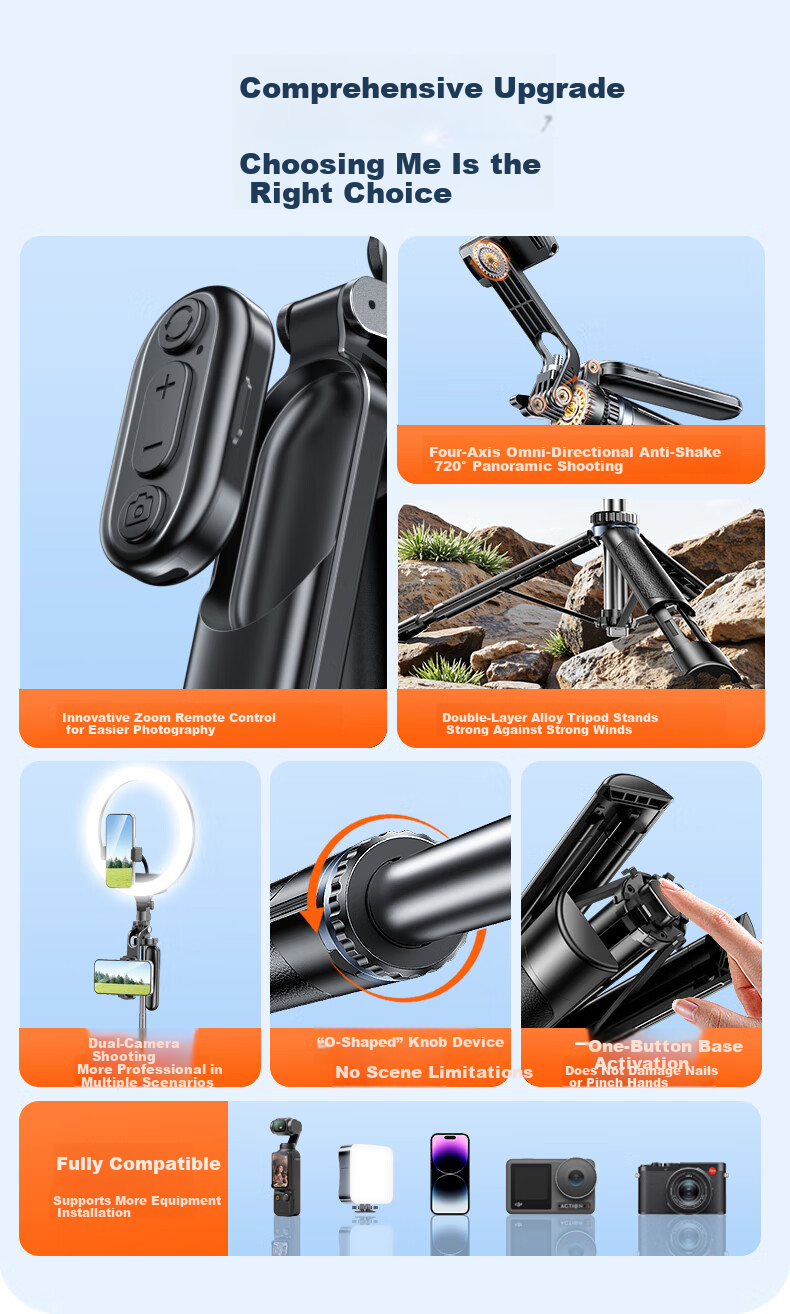 Shuotu [Zoom Mini Tripod] Selfie Stick, Phone Stand, Floor-Standing Live Streaming Stand, Handheld Portable Travel Gadget, Zoomable Photography Tool, 360° Rotatable 4