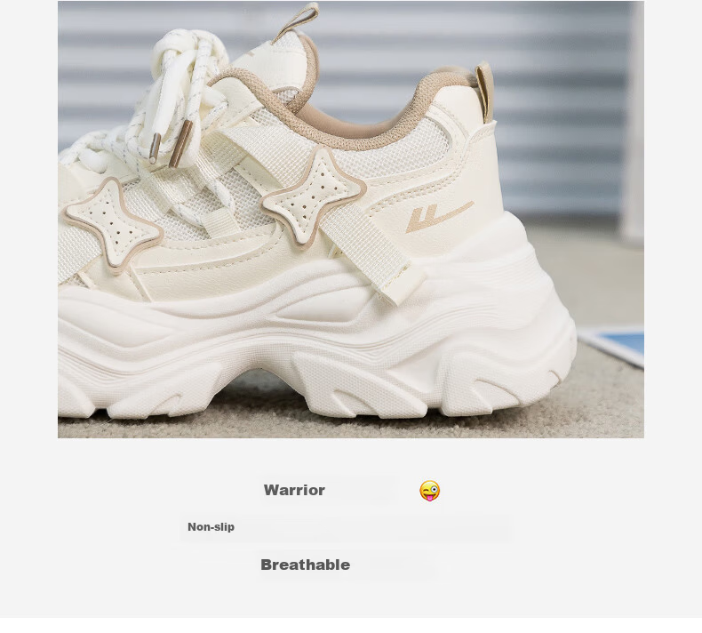 Warrior Women's Dad Sneakers 2026 Spring New Thick Sole Height Increasing White Casual Soft Sole Sports Shoes 7