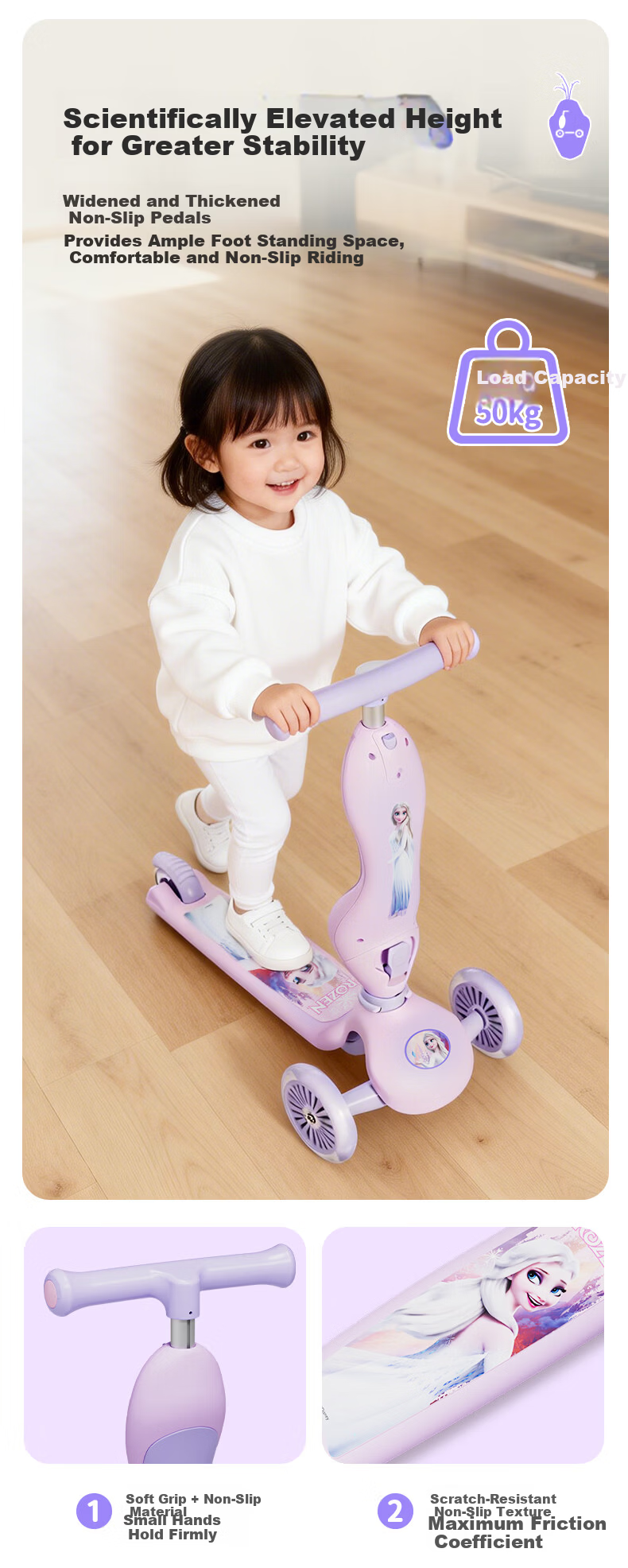 Disney Kids Scooter 1-3 Years Toddler Ride-On Walker 2-in-1 Flashing Wheels Elsa Princess Girl 6