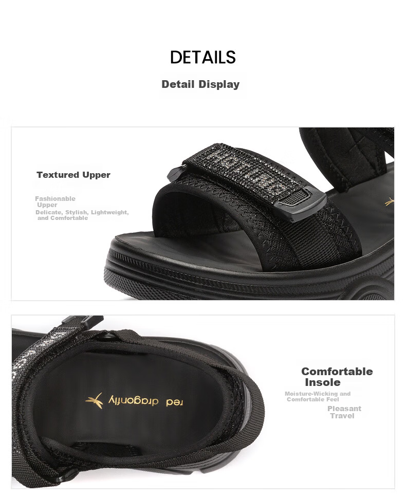 Red Dragonfly Women's Sports Sandals Summer New Thick Sole Magic Tape Beach Shoes WTK25355 Black Size 37 4