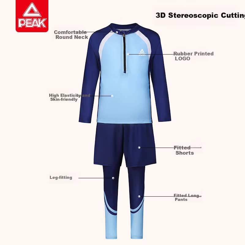 PEAK Kids Boys Two-Piece Long Sleeve Swimsuit Swimming Trunks Youth Teen Thermal Swimwear Set 150