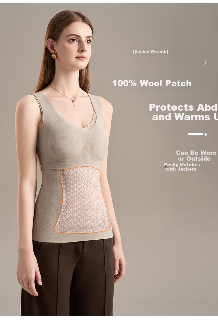 GRACEWELL 100% Wool Filled Warm Vest for Women with Chest Pad, Bra-Free, Autumn Winter Fleece Lined Seamless Base Layer Underwear 10
