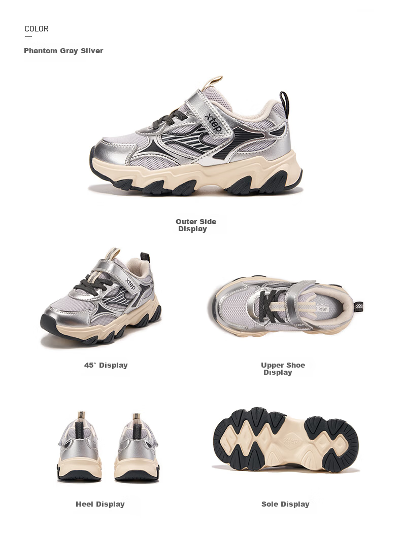 XTEP Kids Starfall Retro Dad Sneakers Leather Velcro Sports Shoes Purple/ Silver/ Wisteria Purple Size 32 8