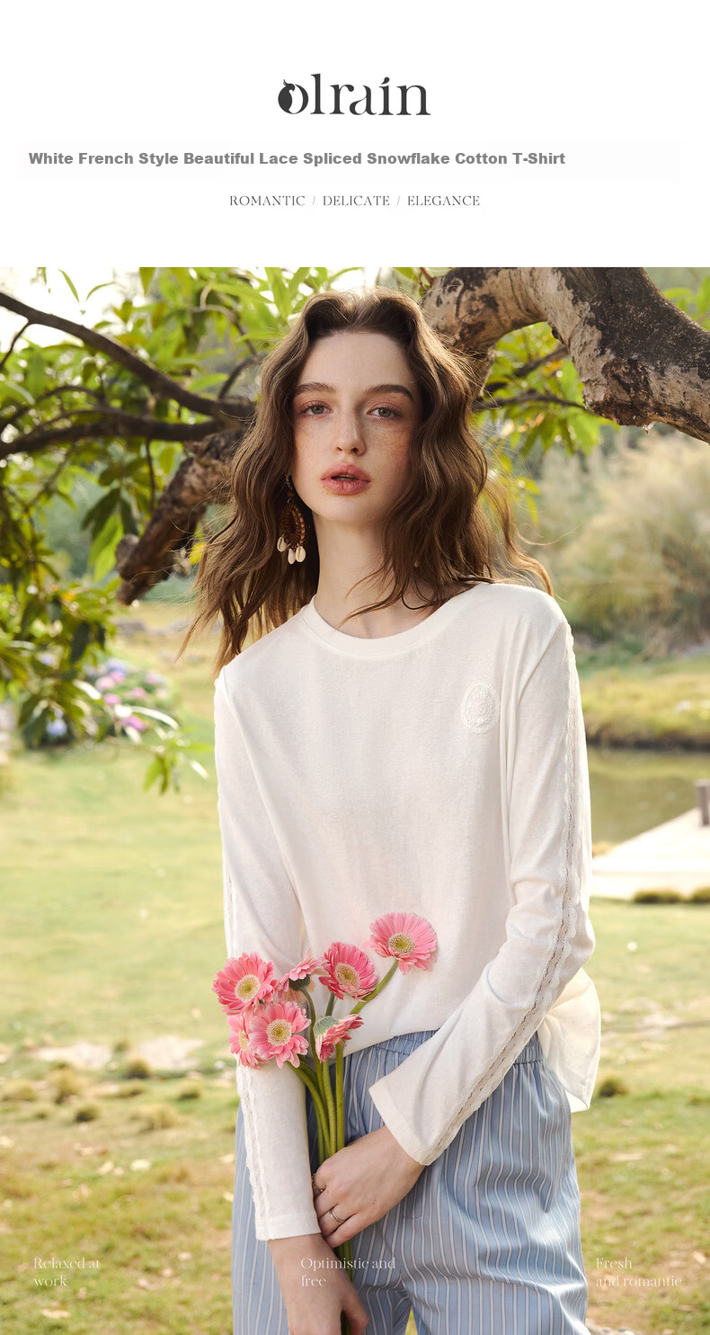 Olrain French Lace Splice Snowflake Cotton Long Sleeve T-Shirt Women Spring New Commuter Casual Top Off-White M 1
