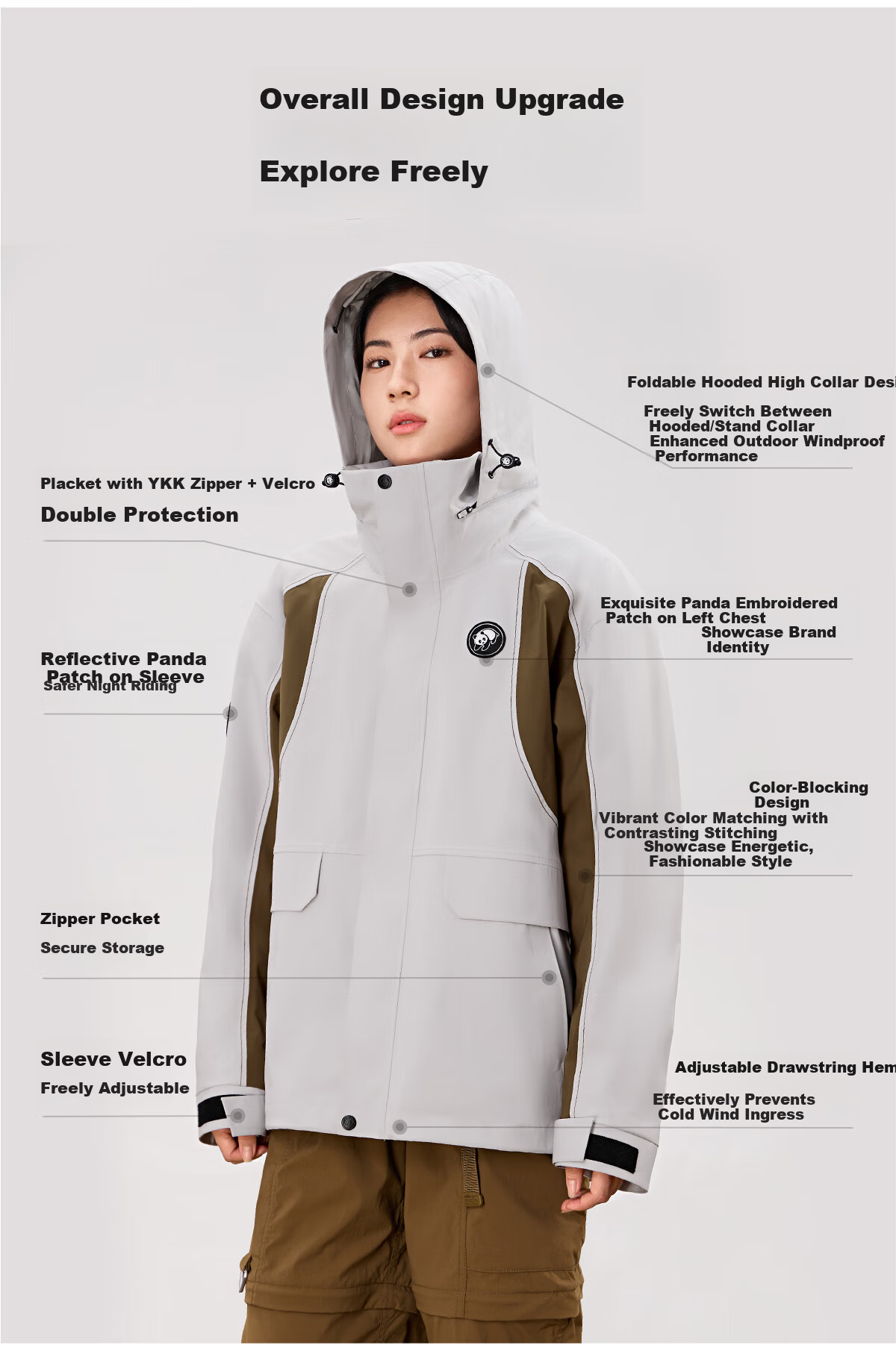 Panda Camel Series 3-in-1 Outdoor Jacket Unisex Windproof Rainproof Fleece Hiking Coat 1612, L 12