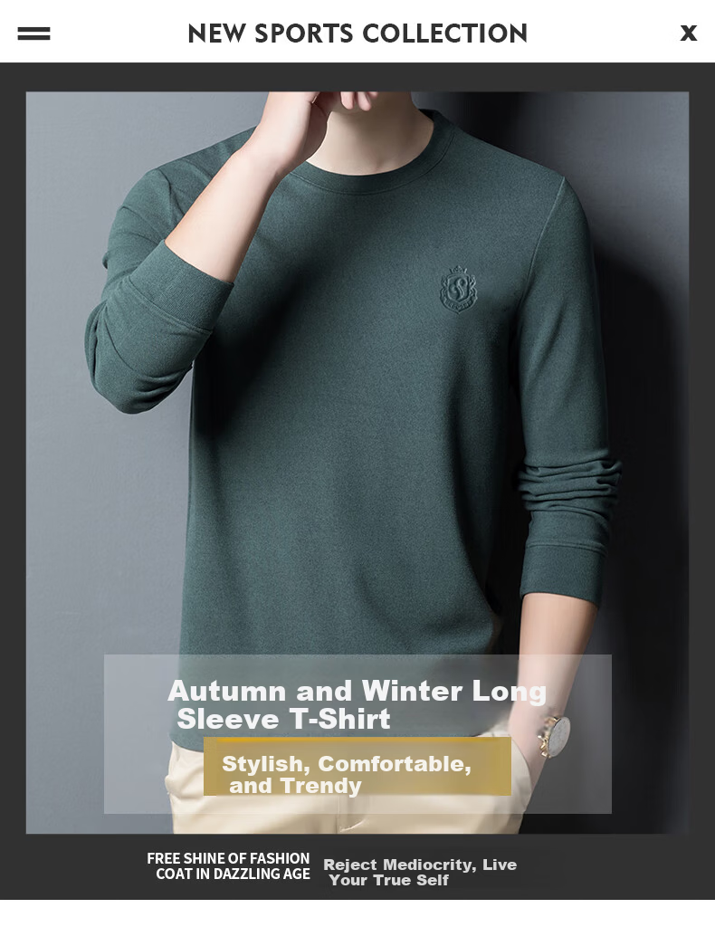 ROMON Men's Spring and Autumn Business Crew Neck Long Sleeve T-Shirt Quality Casual Base Shirt Jacket Men's 113 Green M 2