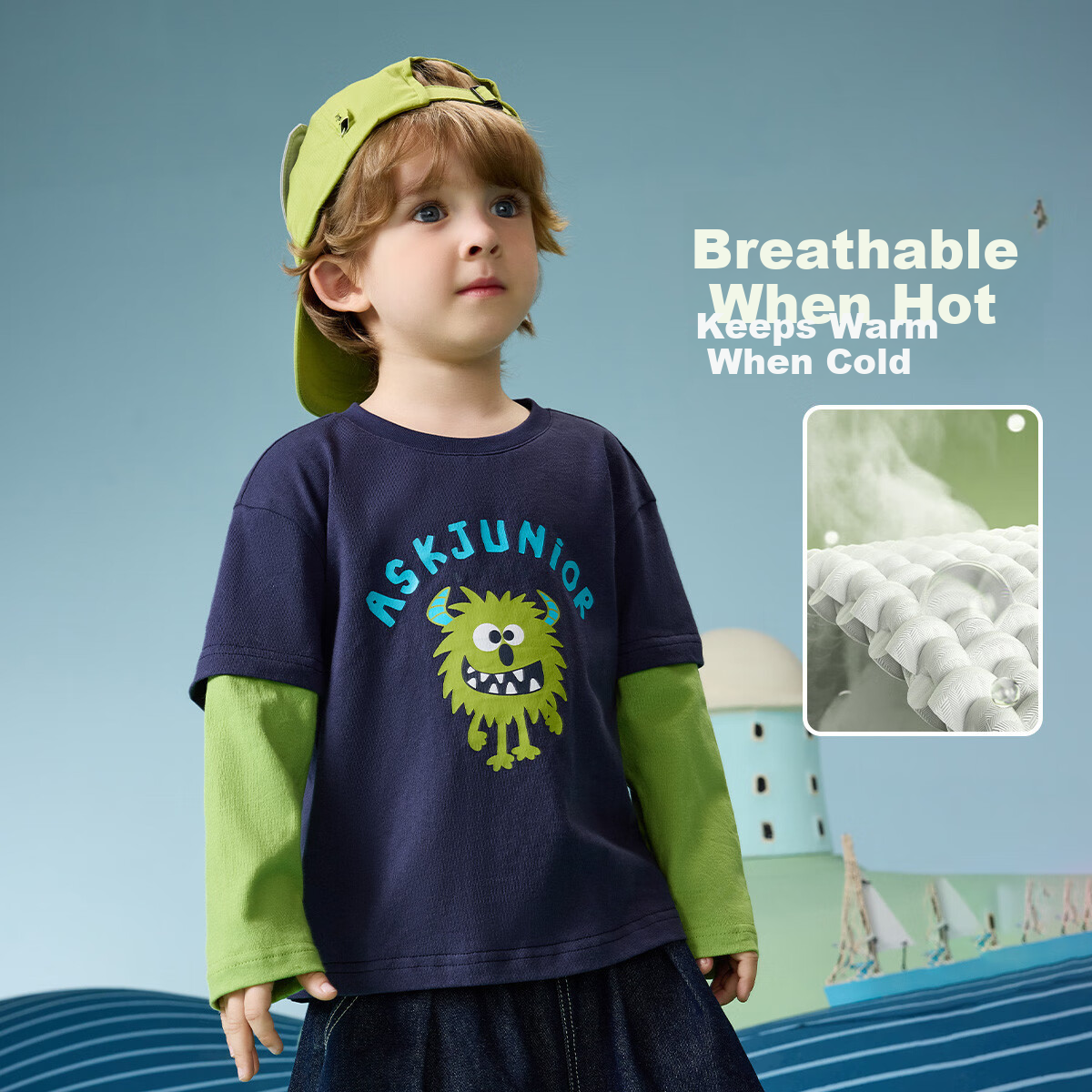 ASK JUNIOR Faux Two-Piece Children's Long Sleeve T-Shirt 26 Spring Big Kids Monster Pattern Toddler Base Shirt Boys Top