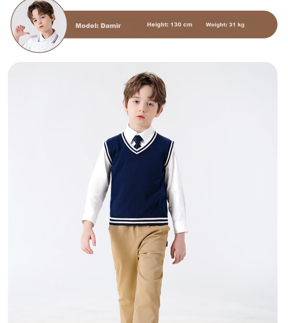 Luomeng Children's School Uniform Spring And Autumn Boys Girls Knitted Vest Set, Navy Blue White Trim Knitted Waistcoat, Size 150 15