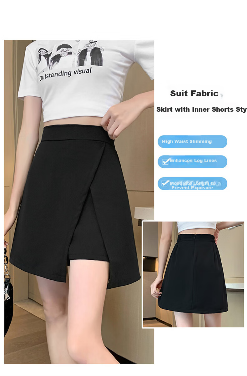 Langsha Women's High-Waist Asymmetric Slit Design Slim Fit A-Line Anti-Exposure Short Skirt Pants 9