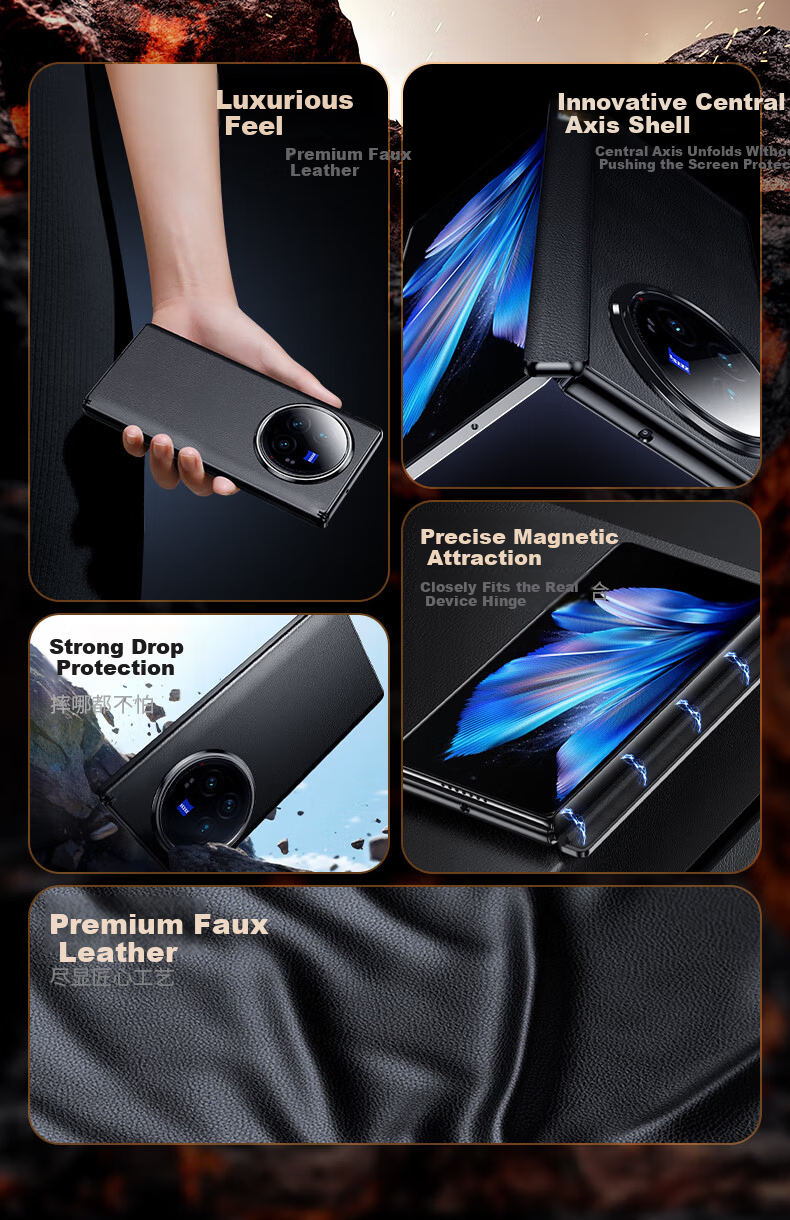 Vivoxfold5 Phone Case Vivo X Fold 5 Protective Cover Classic Edition Side-Slide Accessible Faux Leather Central Hinge Business Premium Leather Case - Black 3