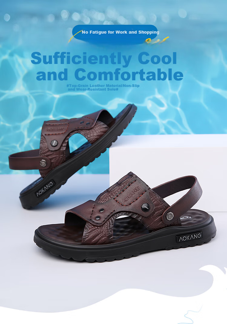 Aokang Men's Leather Beach Sandals, Casual Leather Slippers, Middle-Aged And Elderly Dad Shoes, Two-Way Wear, Large Size Slippers, Brown, Size 38 1