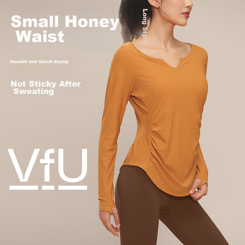 VFU Xiaomanyao Yoga Top, Long Sleeve Women's Quick-Dry Sun Protection Fitness Workout Shirt, Pilates Cover-Up, Autumn, Yellow Peach Color, Size L