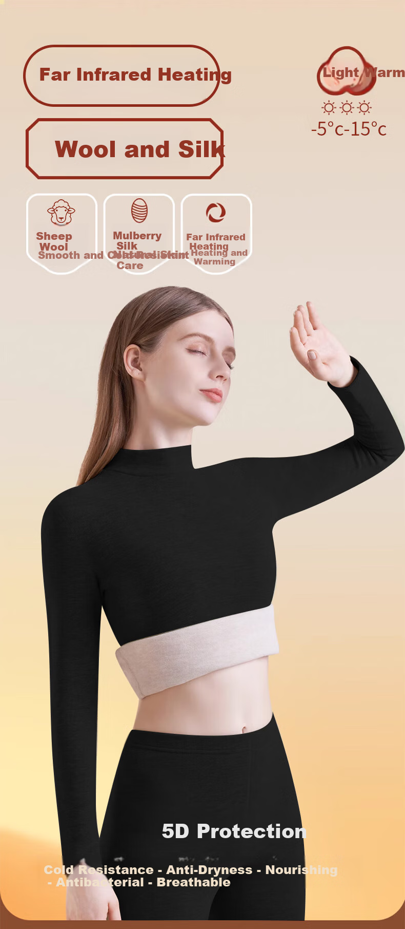 LangSha Mid-Neck Wool and Silk Thermal Underwear for Women 26 Autumn Winter New 7A Antibacterial Fleece-Lined Heating Top and Bottom Set 1