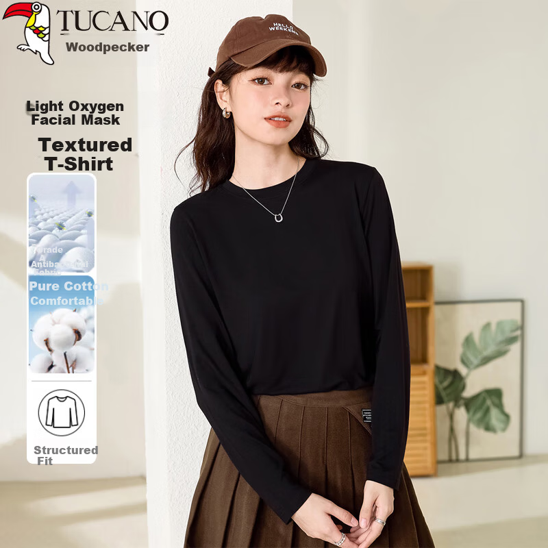 Woodpecker Women's Long Sleeve T-Shirt, Basic Spring and Autumn Loose Fit Pure Cotton Slim Fit Crew Neck Top, Black, Size S