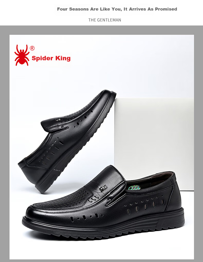 SPIDER KING Men's Leather Sandals Cowhide Summer Hollow Breathable Business Casual Shoes 48237 Black Size 41 10