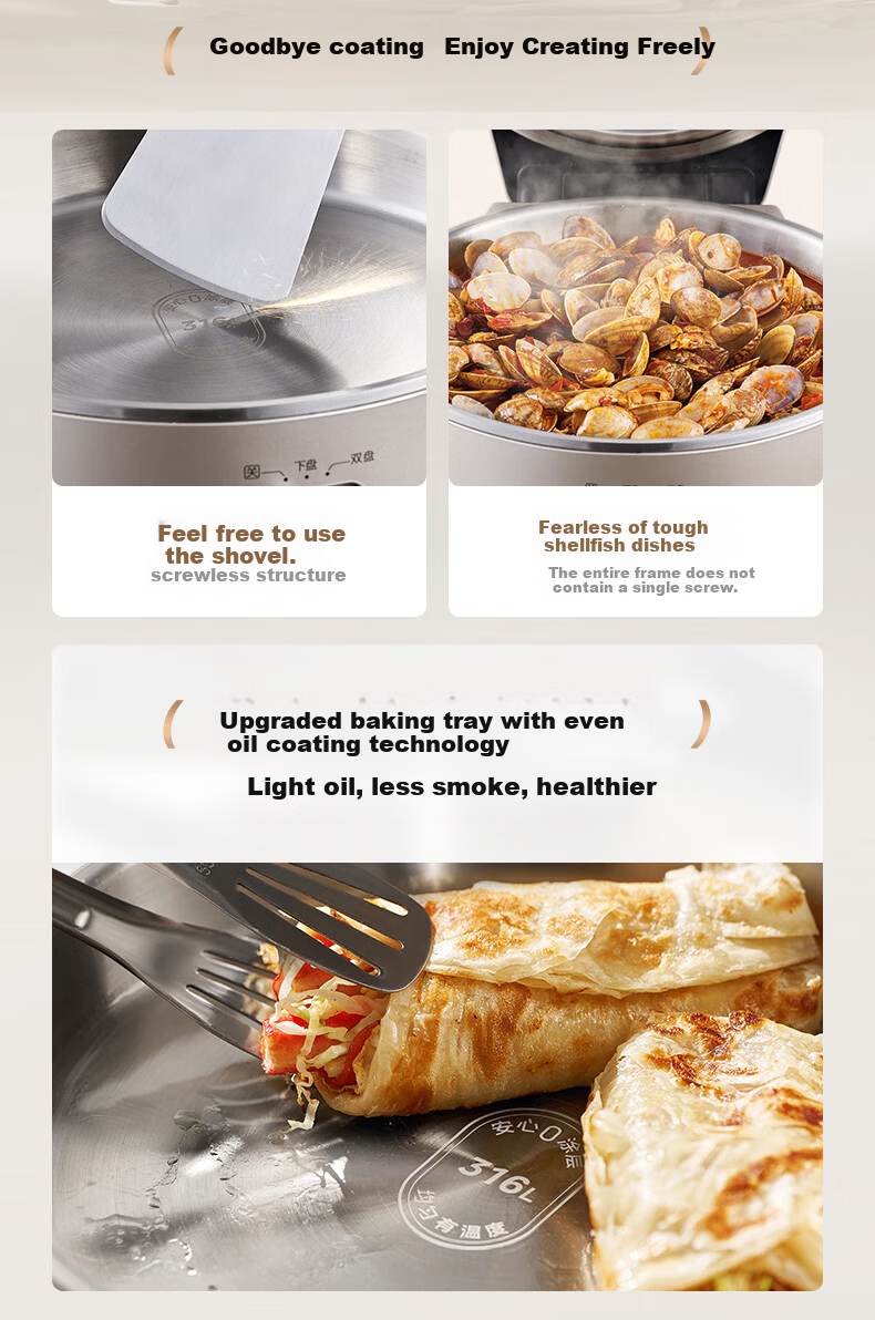 Midea Electric Griddle, Small Steel Cannon 0 Coating 316L Stainless Steel Pancake Maker, Home Use 40mm Extra Deep Double-Sided Heating, Crepe Pan, Grill Pan, Pancake Cooker, Breakfast Machine, Electric Frying Pan S1 9