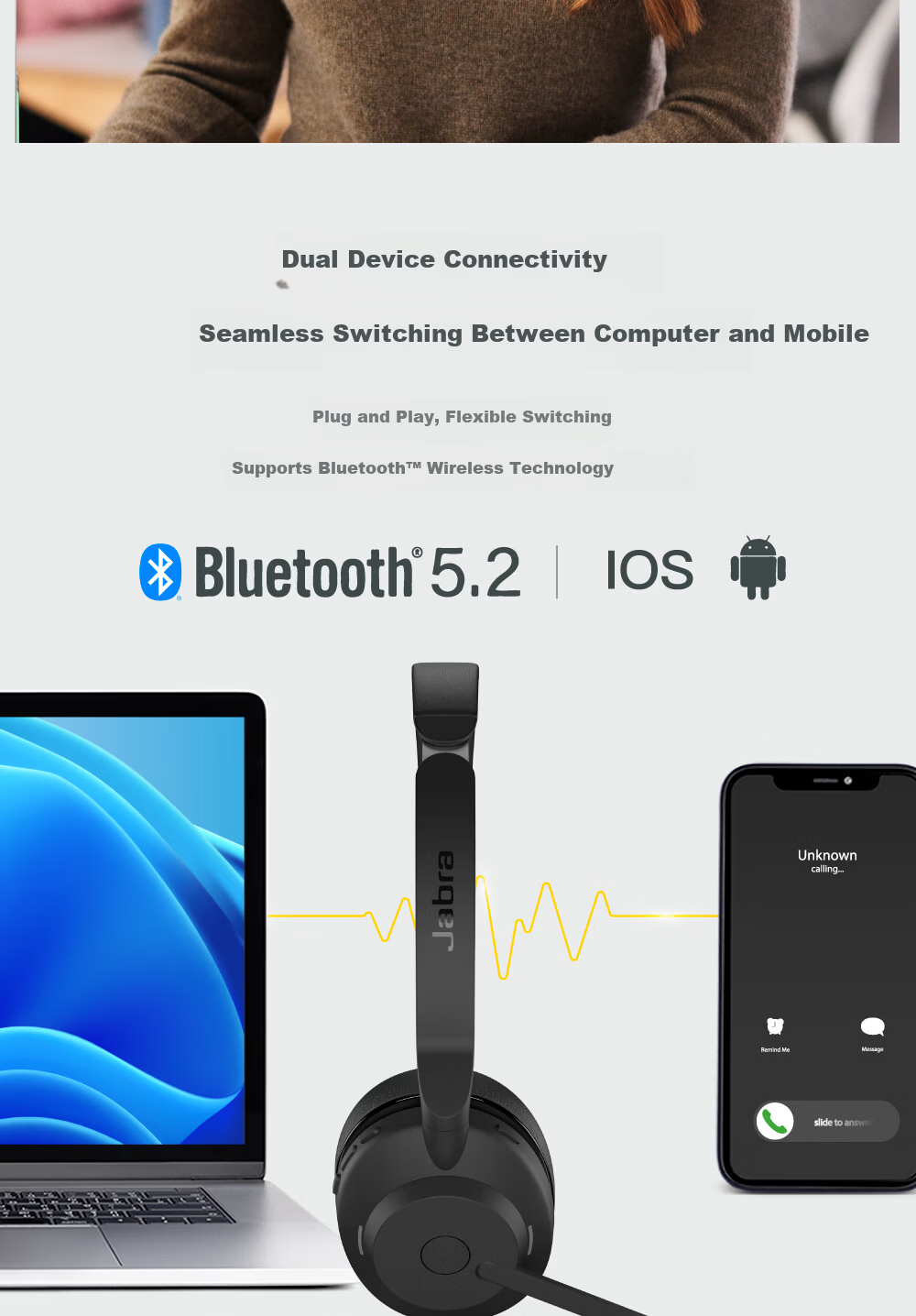 Jabra Evolve2 65 Flex MS Wireless Charging Pad Bluetooth Noise-Cancelling Headset for Computer Office Conference Calls Customer Service Online Education Over-Ear 4