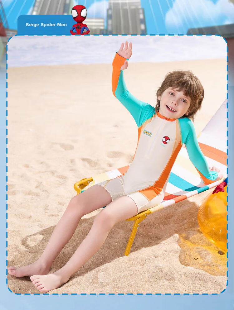 Disney Kids Boys Long Sleeve One-Piece Professional Training Swimsuit D35411 Beige Spiderman Size 130 3