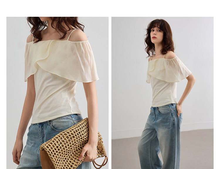 Demana [with Lyocell] Summer Sweet Style Patchwork Ruffle Spaghetti Strap Sleeveless Slim Fit Elegant Slimming Women's T-Shirt 6