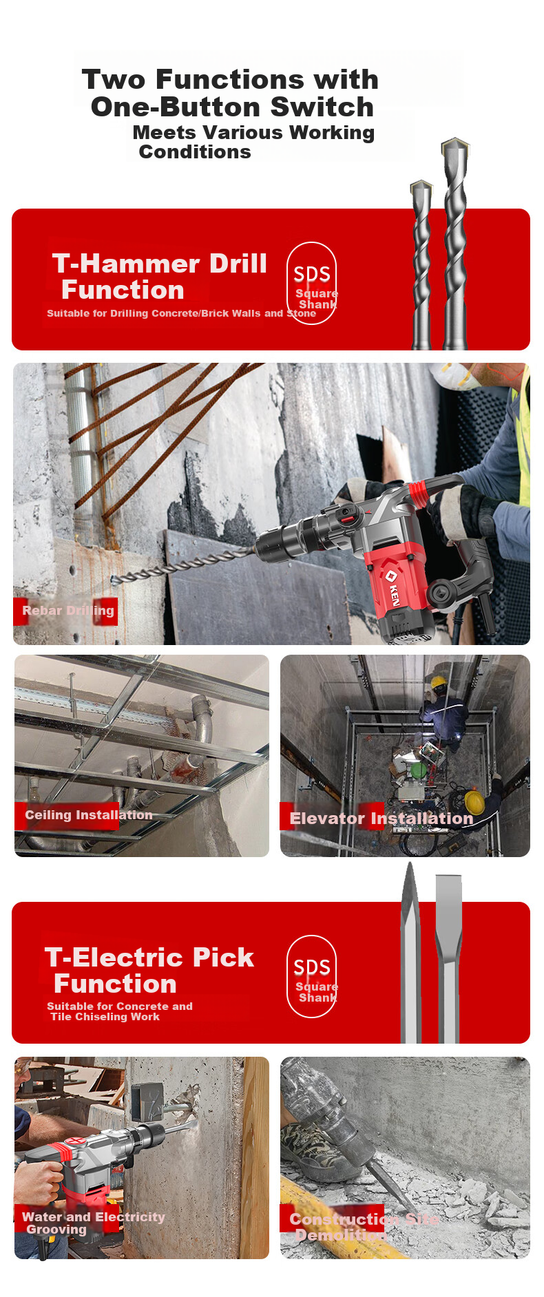KEN 2832G Dual-Function 1200W High-Power Rotary Hammer and Chisel Industrial Multi-Function Electric Drill Tool Set 4